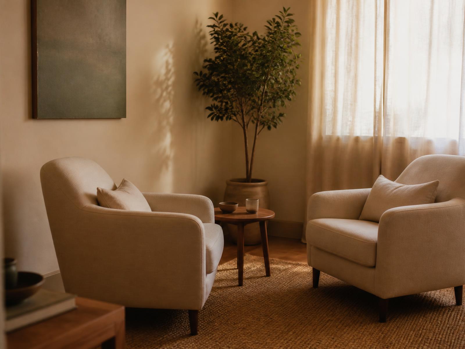 Two armchairs facing each other in a private, sunlit therapy office